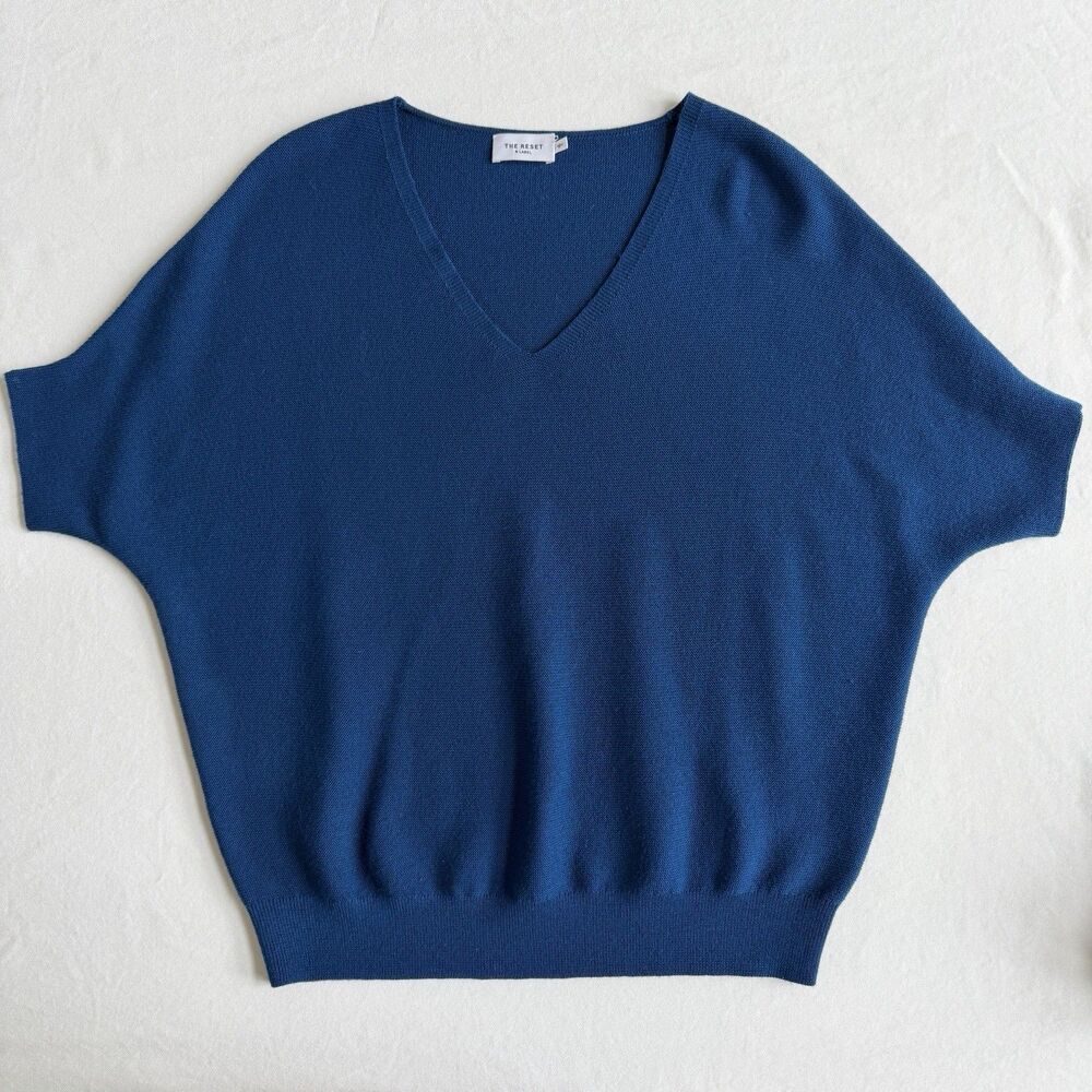 The Reset R Label V Neck Dolman Sleeve Knit Sweater Top Blue S M 100% Wool